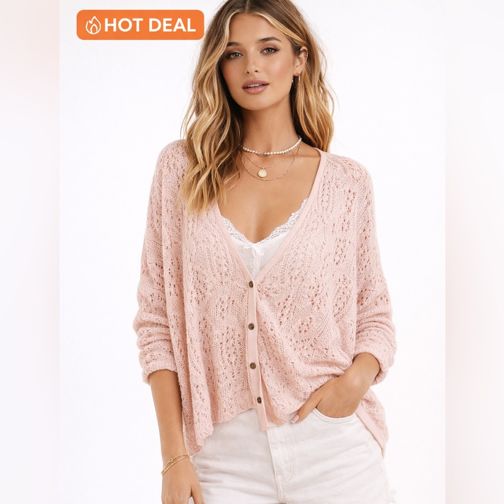 Free People Blush Pink Knit Lace Cardigan